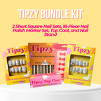 Tipzy Short Nail Set Bundle Kit – 2 Short Square Sets, 18-Piece Nail Polish Marker Set, Top Coat, & Nail Stand