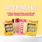 Tipzy Short Nail Set Bundle Kit – 2 Short Square Sets, Stand & Art Pens