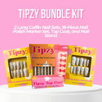 Tipzy Long Nail Set Bundle Kit – 2 Long Coffin Sets, 18-Piece Nail Polish Marker Set, Top Coat, & Nail Stand