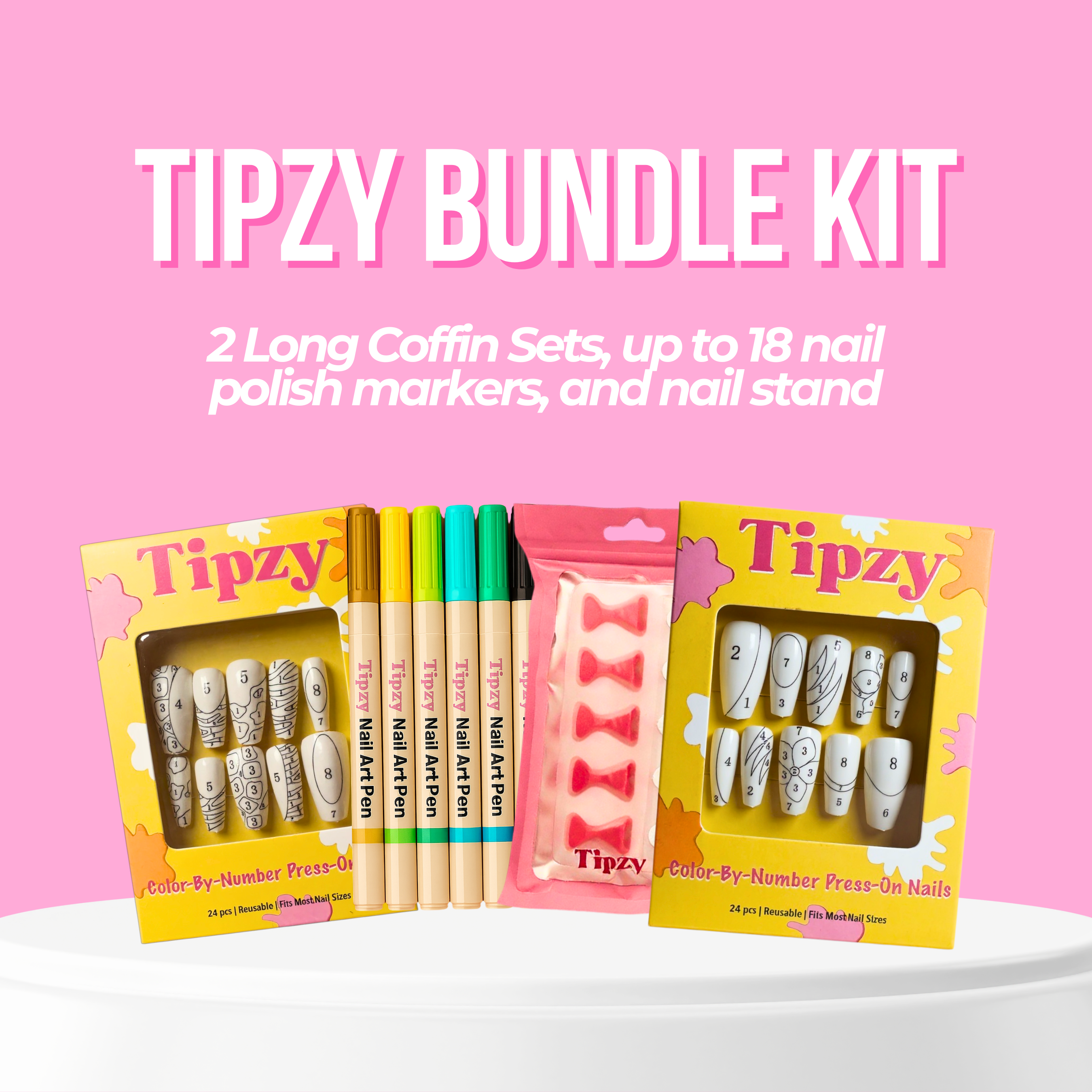 Tipzy Long Nail Set Bundle Kit – 2 Long Coffin Sets, Stand & Art Pens