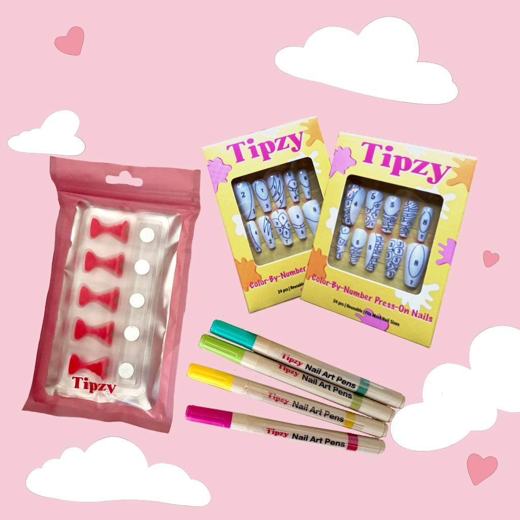 Tipzy Long Nail Set Bundle Kit – 2 Long Coffin Sets, Stand & Art Pens