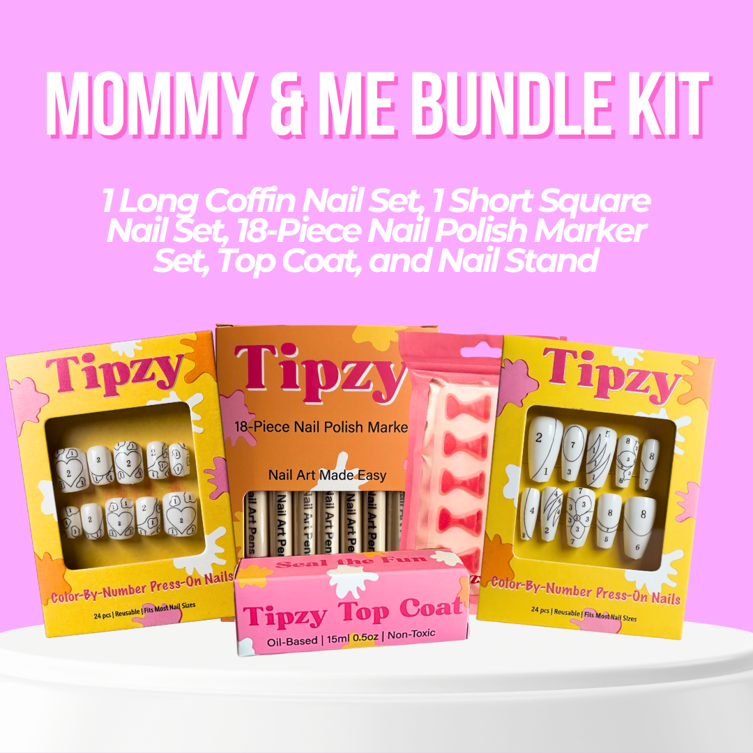 Mommy & Me Bundle Kit- 1 Long Coffin Nail Set, 1 Short Square Nail Set, Up to 18 Nail Polish Markers, 1 Nail Stand