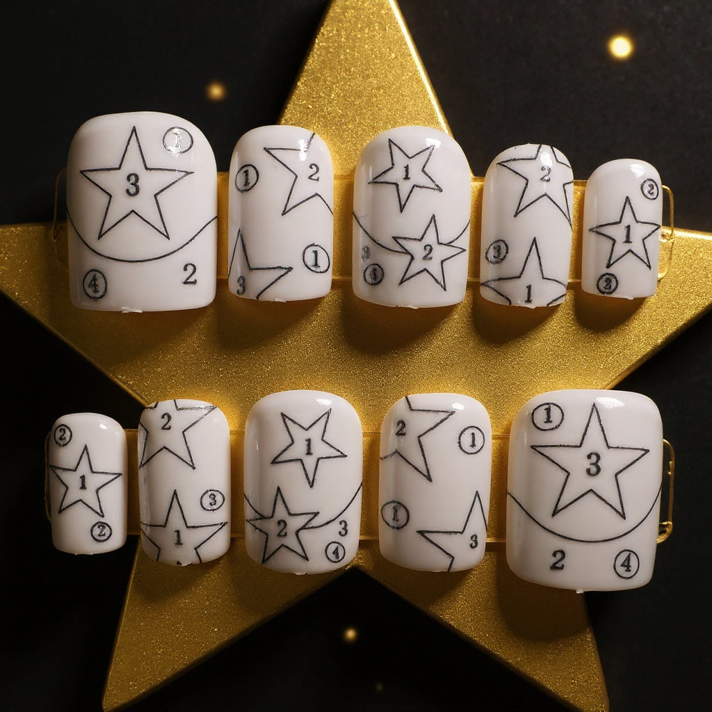 Set of white nail art designs with star patterns on a gold star-shaped stand.