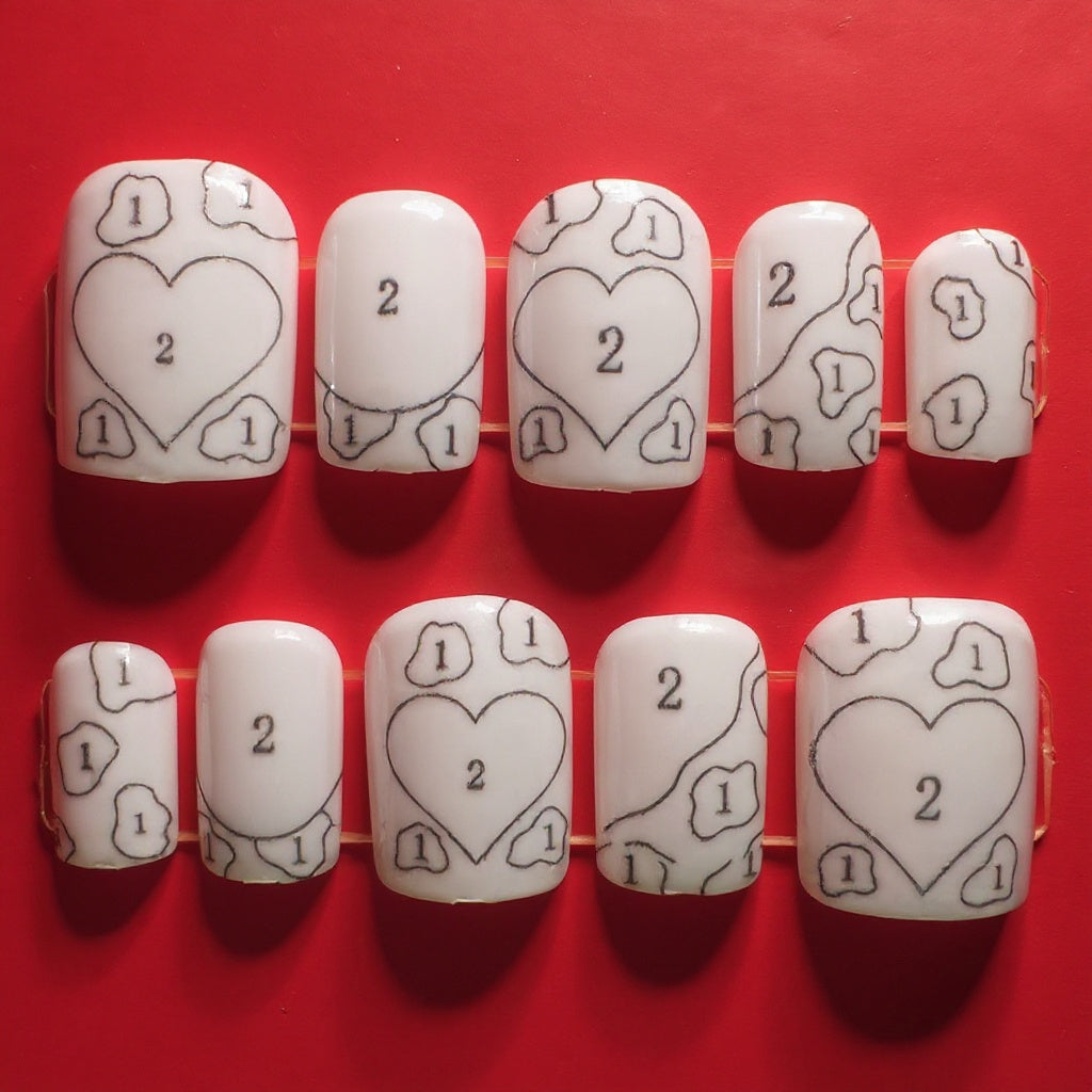 Set of white nails with heart and number designs on a red background